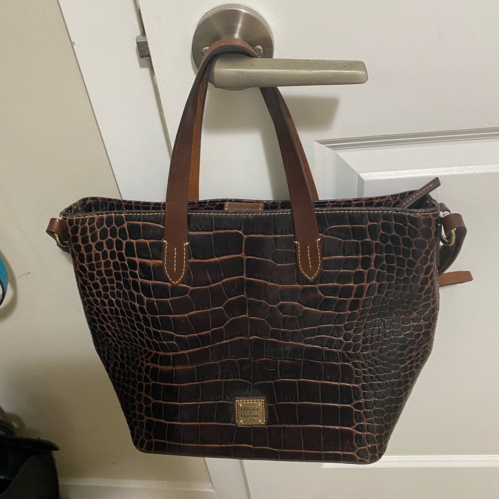 Dooney & Bourke Brown Croc-Embossed Tote with Red Lining
